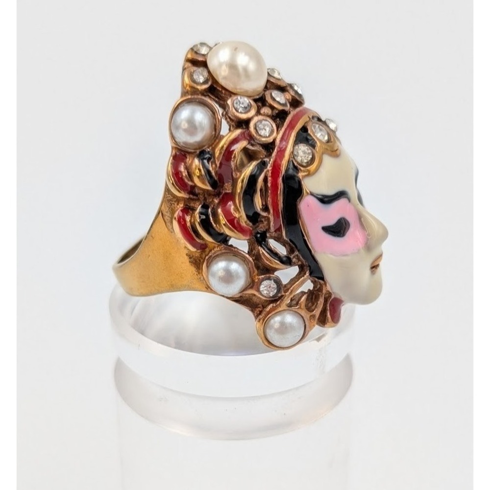 Chinese Opera Mask Ring Size 7.25 Gold Tone Enamel Rhinestone Faux Pearl 316L
